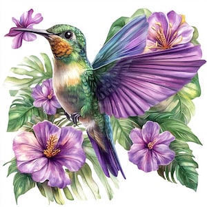 May include: A watercolor painting of a hummingbird with iridescent purple wings, perched on a branch of tropical flowers. The flowers are purple and pink with green leaves.