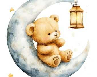 19 imagens de ursinhos de pelúcia, urso sentado na lua, imagens em aquarela para imprimir, artesanato em papel, diários de arte, JPGs de alta qualidade, download digital.