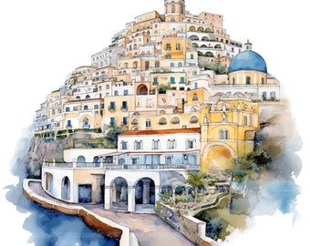 Aquarel clipart Amalfikust: Italiaanse landschapskunst (digitale download)