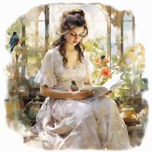 13 Clipart di libri di lettura per donne, Clipart da donna elegante, Clipart ad acquerello stampabile, Mestiere con la carta, JPG di alta qualità, Download digitale