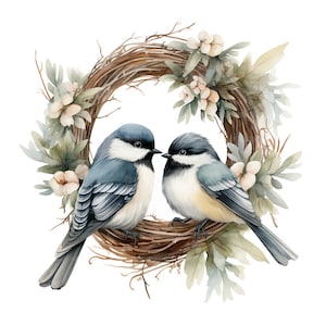 22 Clipart di nidi di uccelli floreali, uccelli vintage romantici, clipart di acquerelli stampabili, artigianato di carta, JPG di alta qualità, download digitale