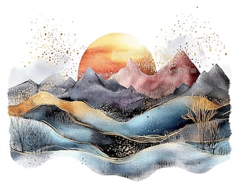 25 Sunrise Mountains Clipart, Boho Mountain Wall Art, Abstract Mountains, , Printable Watercolor Clipart, High Quality JPG, Digital Download