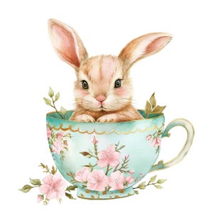 18 Clipart di coniglietto in tazza da tè, Clipart di coniglietto, Clipart di acquerello stampabile, Artigianato di carta, Diari spazzatura, JPG di alta qualità, Download digitale