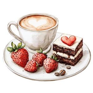 May include: A white coffee cup with a cappuccino, a chocolate cake with a heart-shaped red frosting, and four red strawberries on a white plate.