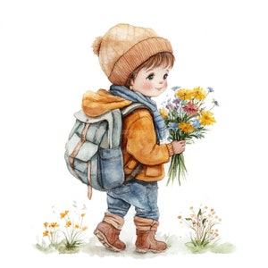 18 schooljongen clipart, bloemen schooljongen, afdrukbare aquarel clipart, Paper Craft, ongewenste tijdschriften, hoge kwaliteit jpg's, digitale download