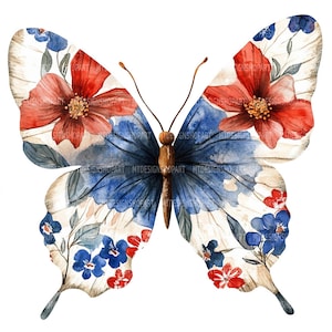 20 Red Blue White Butterfly Clipart, Butterfly Clipart, Printable Watercolor Clipart, Paper Craft, High Quality JPGs, Digital Download