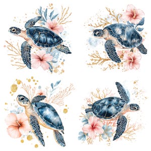Pu&ograve; includere: Quattro illustrazioni ad acquerello di tartarughe marine che nuotano in una barriera corallina. Ogni tartaruga &egrave; dipinta in tonalit&agrave; di blu e grigio, con accenti dorati. La barriera corallina &egrave; raffigurata con fiori rosa e blu, e accenti dorati.