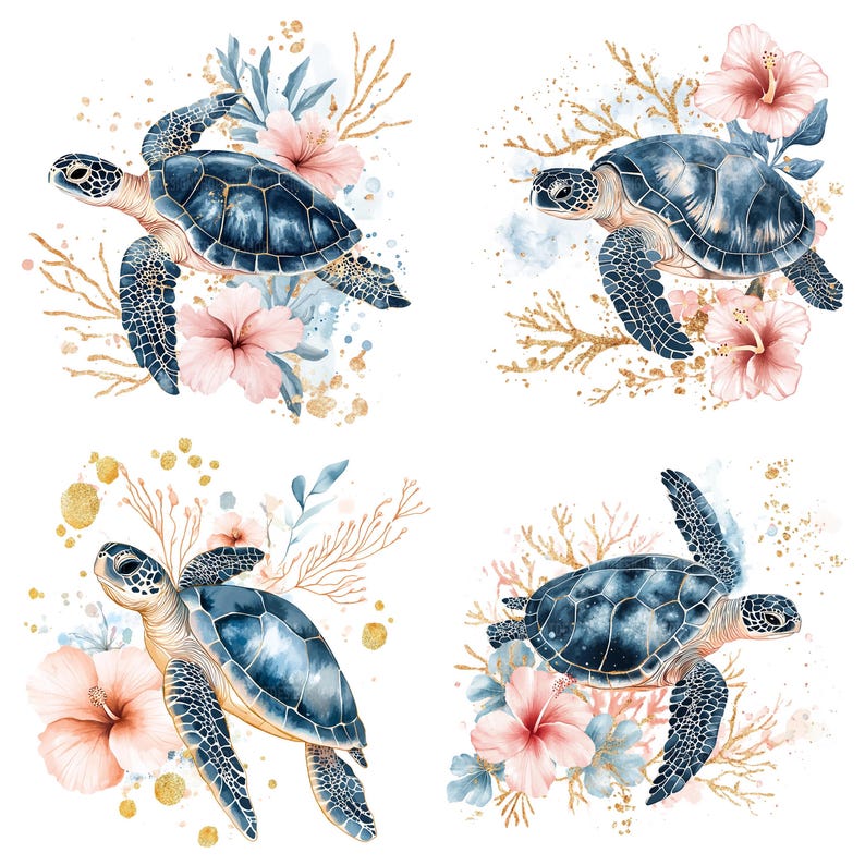Pu&ograve; includere: Quattro illustrazioni ad acquerello di tartarughe marine che nuotano in una barriera corallina. Ogni tartaruga &egrave; dipinta in tonalit&agrave; di blu e grigio, con accenti dorati. La barriera corallina &egrave; raffigurata con fiori rosa e blu, e accenti dorati.