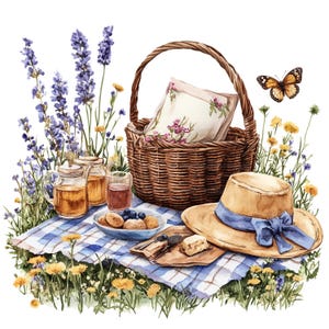 17 Landschaft Wiese Picknick Clipart, Frühling Picknick Clipart, druckbare Aquarell Clipart, Papierwesen, hochwertige JPGs, digitaler Download