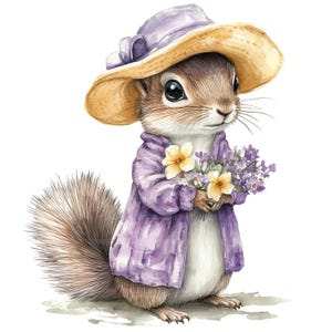 Écureuil avec panier de fleurs Clipart, Clipart écureuil, clipart aquarelle imprimable, créations en papier, JPG de haute qualité, téléchargement numérique