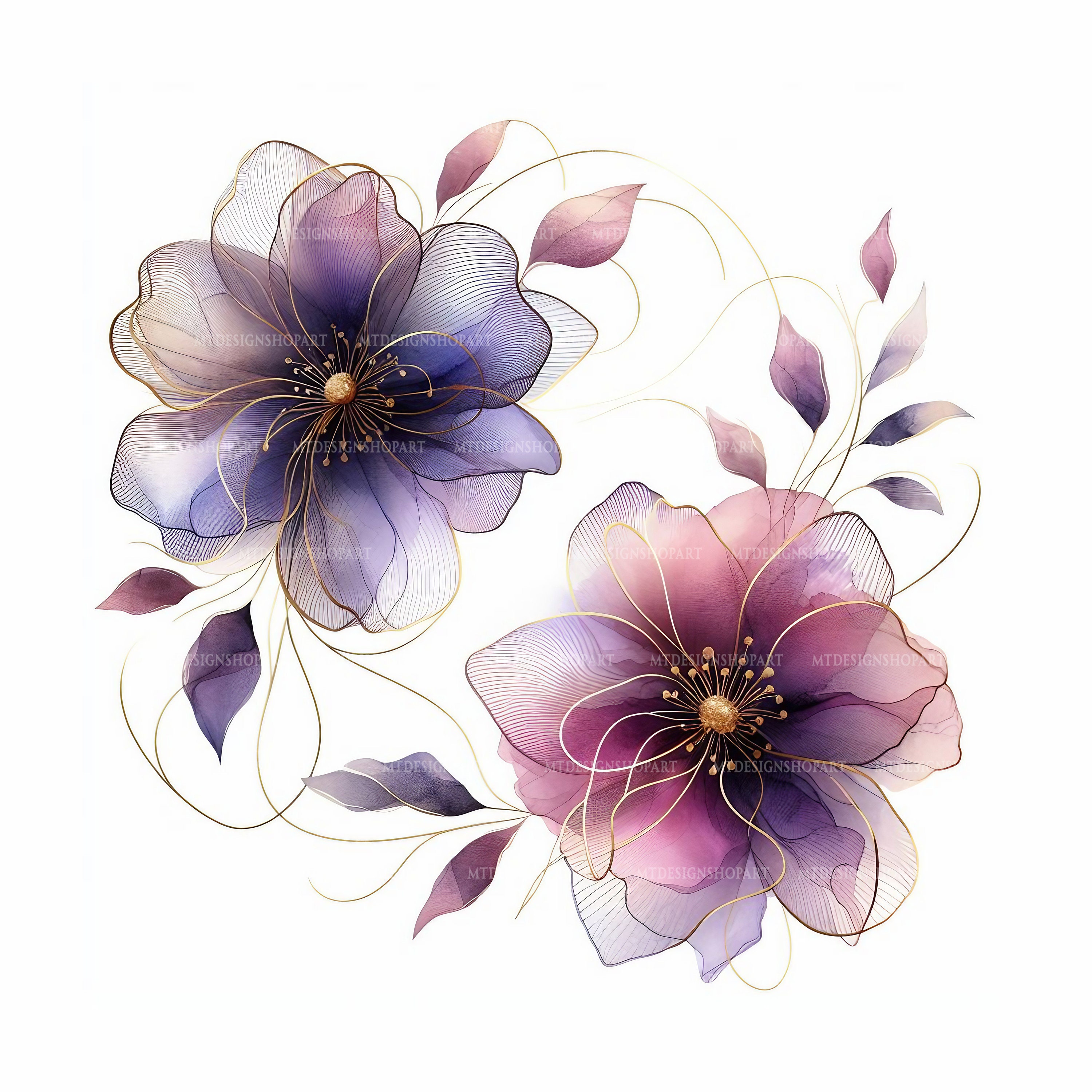 15 Abstract Flowers Clipart, Two Purple Flowers, Printable Watercolor ...