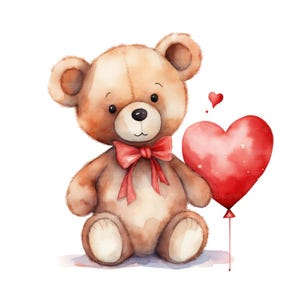 16 Osito de peluche sosteniendo un corazón rojo, clipart de acuarela, osito de peluche imprimible, manualidad de papel, JPG de alta calidad, descarga digital
