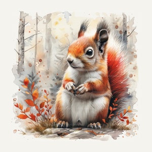 May include: A watercolour painting of a red squirrel sitting on a rock in a woodland setting. The squirrel has a bushy tail and is looking to the left. The background is a soft watercolour wash of brown, green, and orange.