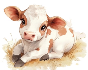 19 Cartoon Cow Clipart, Sleeping Cow Clipart, Printable Watercolor Clipart, Paper Craft, Junk Journals, High Quality JPGs, Digital Download