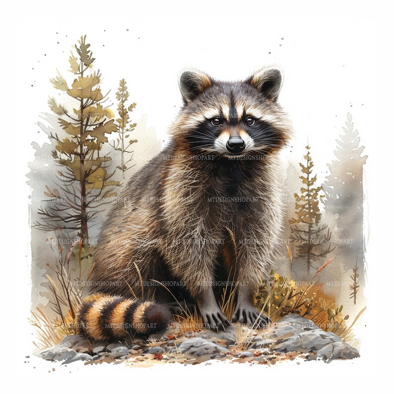 Op de afbeelding: Een aquarel schilderij van een wasbeer die op een rots zit in een bosrijke omgeving. De wasbeer heeft een zwart masker rond zijn ogen en een borstelige staart. De achtergrond is een aquarelverf in bruin en groen.