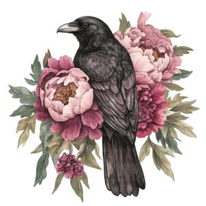 May include: A black crow perched on a bouquet of pink and burgundy peonies with green leaves.