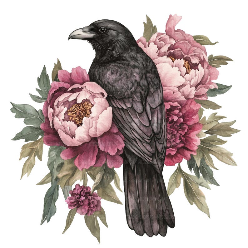 May include: A black crow perched on a bouquet of pink and burgundy peonies with green leaves.