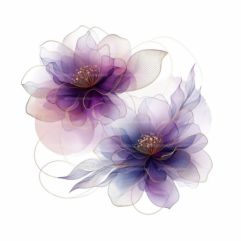 15 Abstract Flowers Clipart, Two Purple Flowers, Printable Watercolor ...