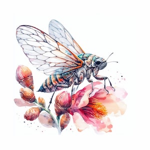 15 Zikade in Blumen Clipart 2024, 2024 Zikade Clipart, druckbare Aquarell Clipart, hochwertige JPGs, Digital, Papiermodell, Junk Journal