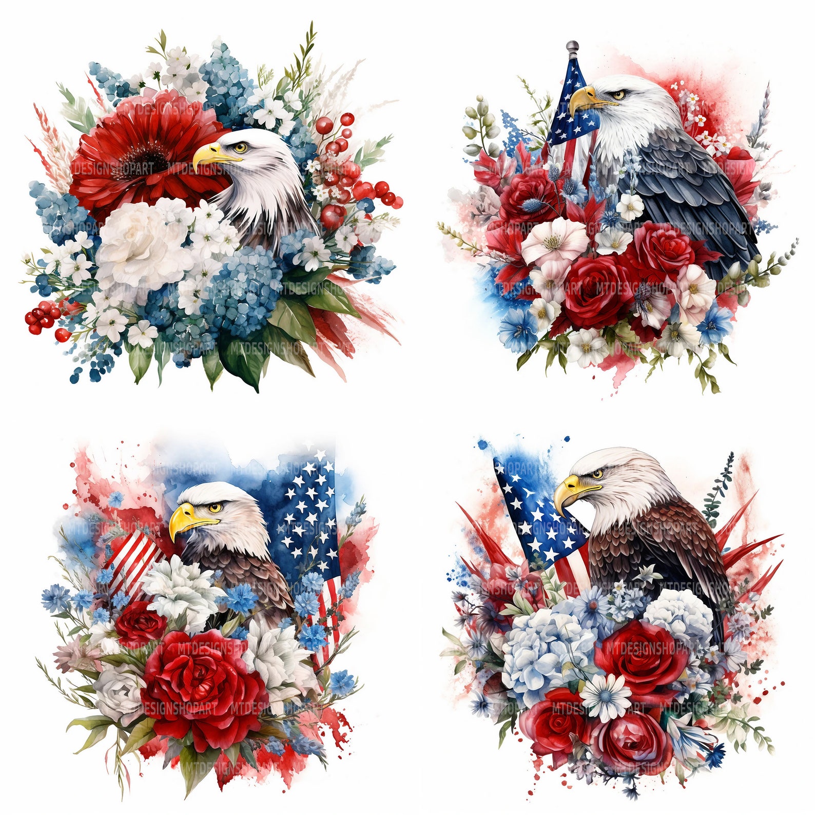 Eagle & Roses Clipart: USA Flag Watercolor Graphics (digital Download ...