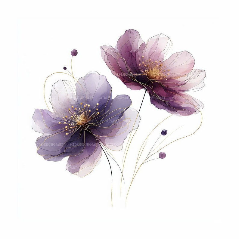 15 Abstract Flowers Clipart, Two Purple Flowers, Printable Watercolor ...