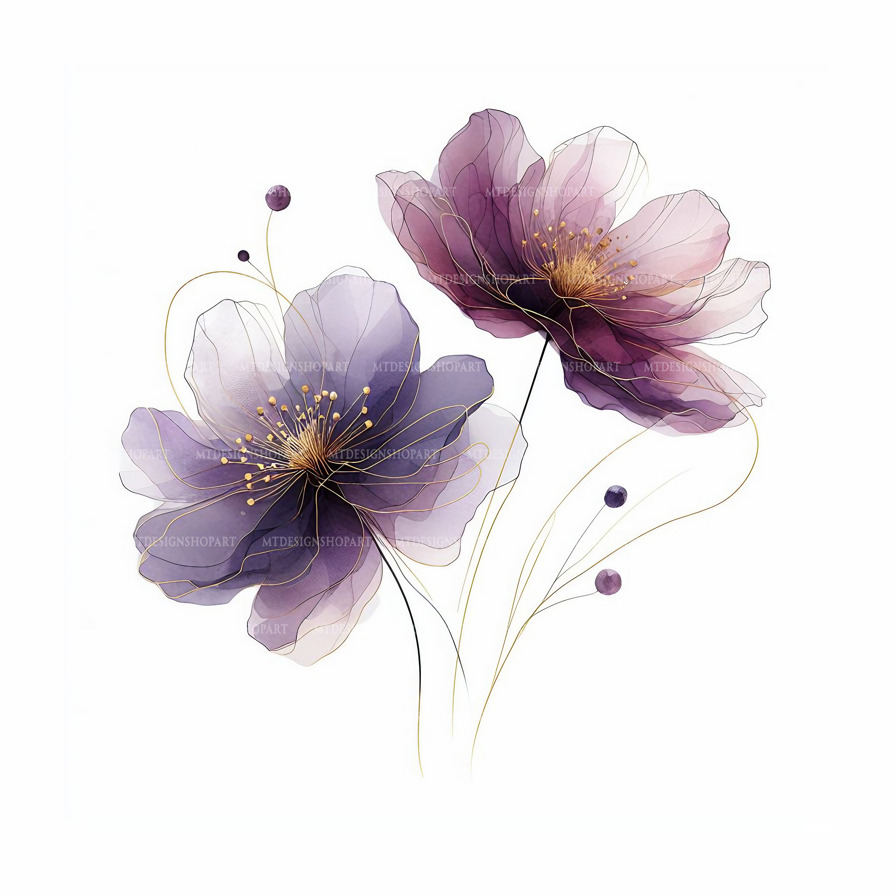 15 Abstract Flowers Clipart, Two Purple Flowers, Printable Watercolor ...