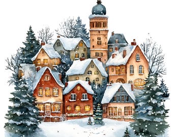 25 imágenes prediseñadas de aldeas navideñas, imágenes prediseñadas de aldeas invernales, imágenes prediseñadas de acuarela imprimibles, manualidades en papel, JPG de alta calidad, arte mural de descarga digital
