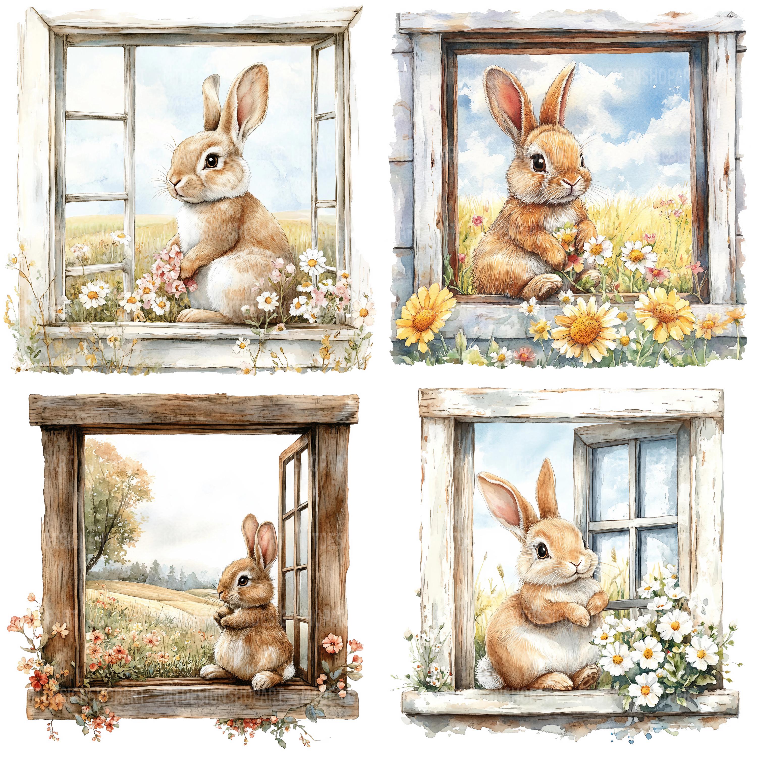 18 Bunny Window Clipart, Floral Rabbit, Printable Watercolor Clipart ...