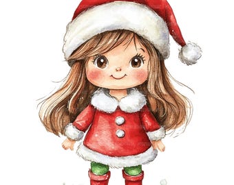 16 imágenes prediseñadas de niña de Papá Noel, imágenes prediseñadas de niña navideña, imágenes prediseñadas de acuarela imprimibles, manualidades de papel, revistas basura, archivos JPG de alta calidad, descarga digital