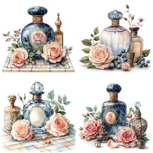 May include: Four vintage perfume bottles with blue and gold accents, surrounded by pink roses and green leaves. The bottles are on a chequered surface.