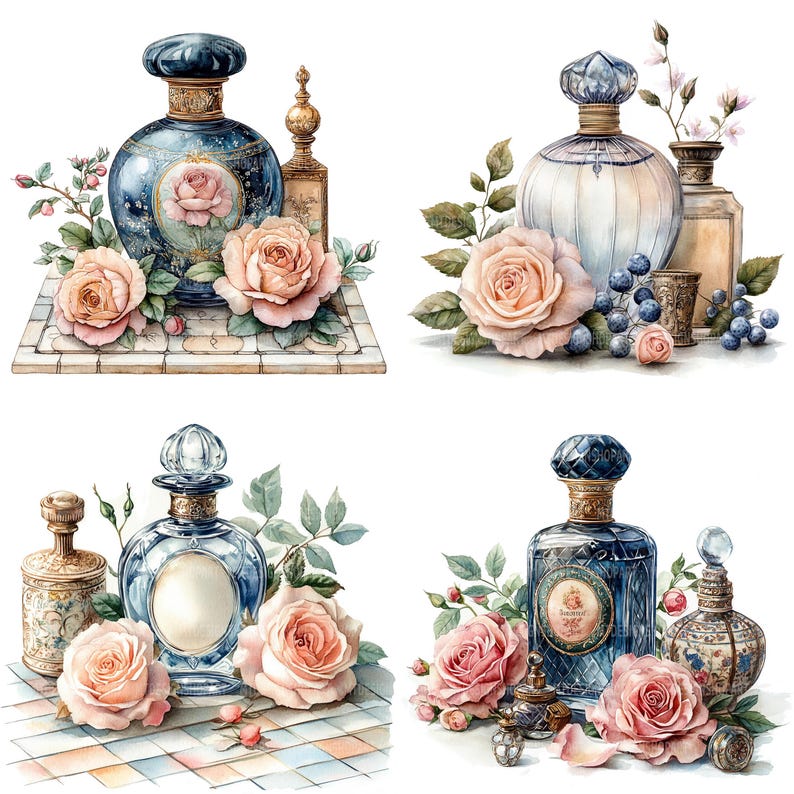 May include: Four vintage perfume bottles with blue and gold accents, surrounded by pink roses and green leaves. The bottles are on a chequered surface.