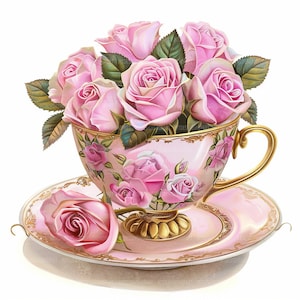 15 Blumen In Teetasse Clipart, Florale Teetasse, druckbare Aquarell Clipart, Papierkunst, Junk Journal, hochwertige JPGs, digitaler Download