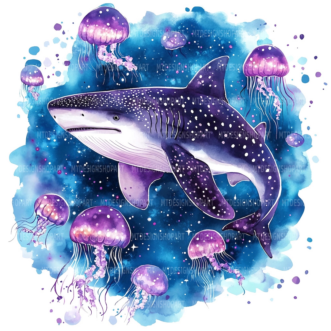 水彩画のサメとクラゲのクリップアート：Junk Journal Graphics
