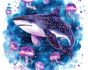 Watercolor Shark & Jellyfish Clipart: Junk Journal Graphics (Digital Download, JPGs 4096x4096px)