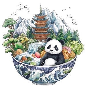 15 Panda Pagoda Mountains Clipart, Vegetables Noodles, Printable Watercolor Clipart, Paper Craft, High Quality JPGs, Digital Download