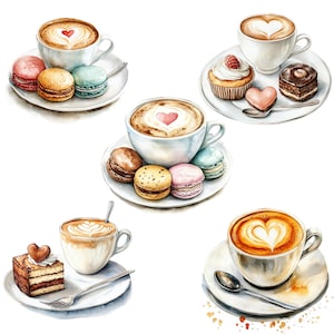 May include: A watercolour illustration of six different coffee and dessert pairings. The pairings include cappuccino with macarons, latte with a chocolate cake, and a variety of other coffee drinks with pastries.