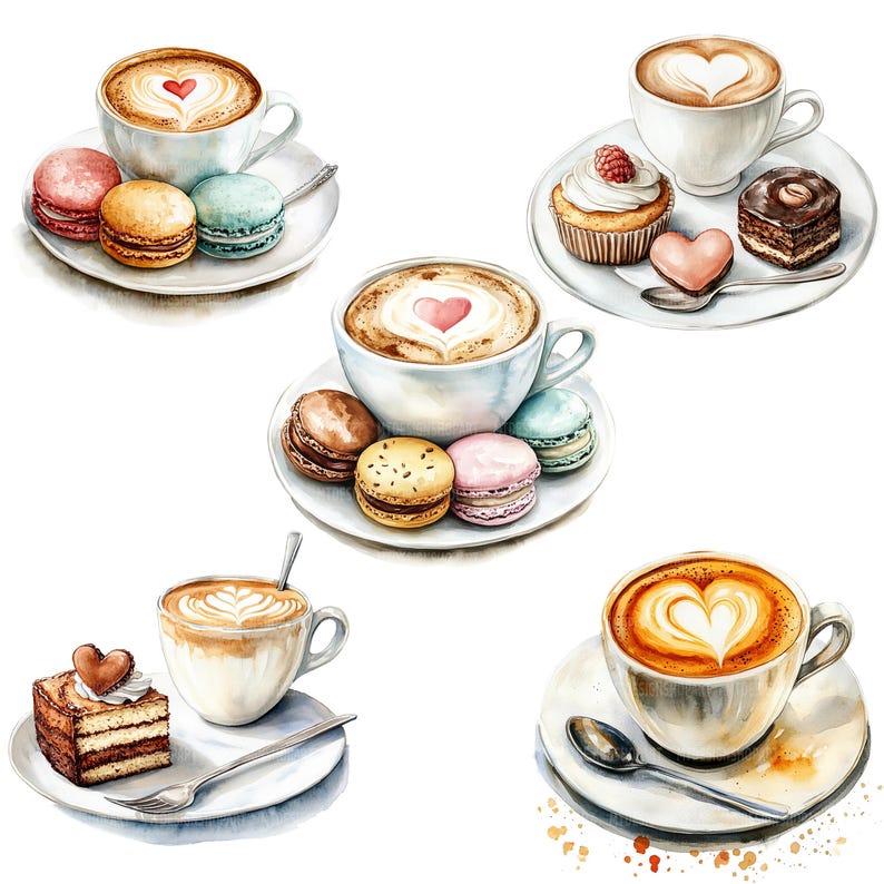 May include: A watercolour illustration of six different coffee and dessert pairings. The pairings include cappuccino with macarons, latte with a chocolate cake, and a variety of other coffee drinks with pastries.