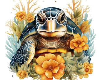May include: A watercolour painting of a sea turtle with a blue and green shell surrounded by yellow flowers and green foliage.