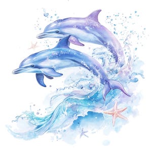 May include: Watercolor illustration of two dolphins leaping through water. The dolphins are shades of blue and purple, with water splashes and starfish accents. The artwork has a soft, dreamy quality.