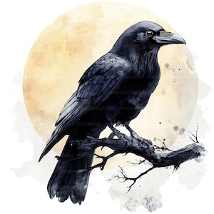 May include: A black raven perched on a branch with a large, yellow moon in the background. The raven is facing to the right and has its wings folded. The image is painted in a watercolor style.