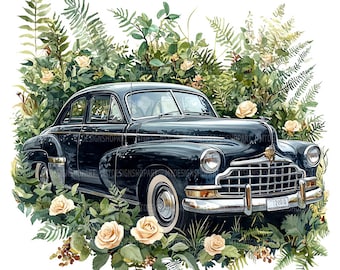 Victorian Black Car Clipart: Floral Watercolor Car Illustrations (Digital Download