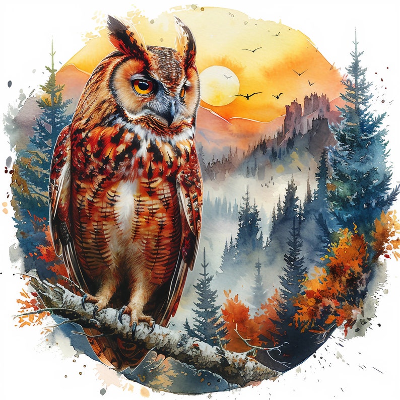 Washed Owl 15 Owl on the Branch, Printable Watercolor Clipart, Watercolor Owl ...
