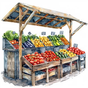 10 cliparts de marché de producteurs, paysage de fruits et légumes, clipart aquarelle imprimable, créations en papier, fichiers JPG de haute qualité, téléchargement numérique