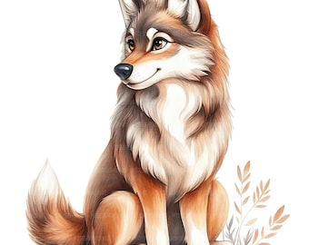 17 Cute Wolf Sitting Clipart, Wolf Clipart, Printable Watercolor Clipart, Paper Craft, Junk Journals, High Quality JPGs, Digital Download