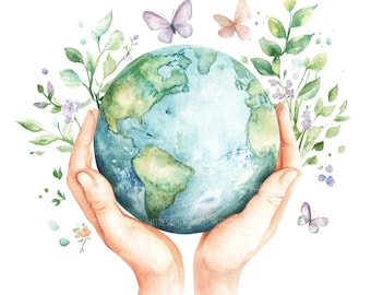 Earth in Hands Watercolor Clipart: World Planet JPGs (Digital Download