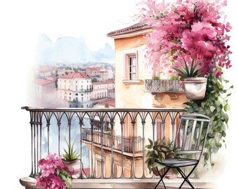 19 Floral Balcony Clipart, Balcony Flowers, Printable Watercolor Clipart, Paper Craft, Junk Journals, High Quality JPGs, Digital Download