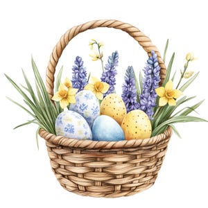 19 cestas de huevos de Pascua, huevos de Pascua, imágenes prediseñadas de acuarela imprimibles, manualidades de papel, diarios basura, archivos JPG de alta calidad, descarga digital