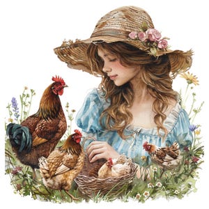 16 imágenes prediseñadas de niña victoriana con pollo, niña victoriana, imágenes prediseñadas de acuarela imprimibles, manualidades de papel, archivos JPG de alta calidad, descarga digital