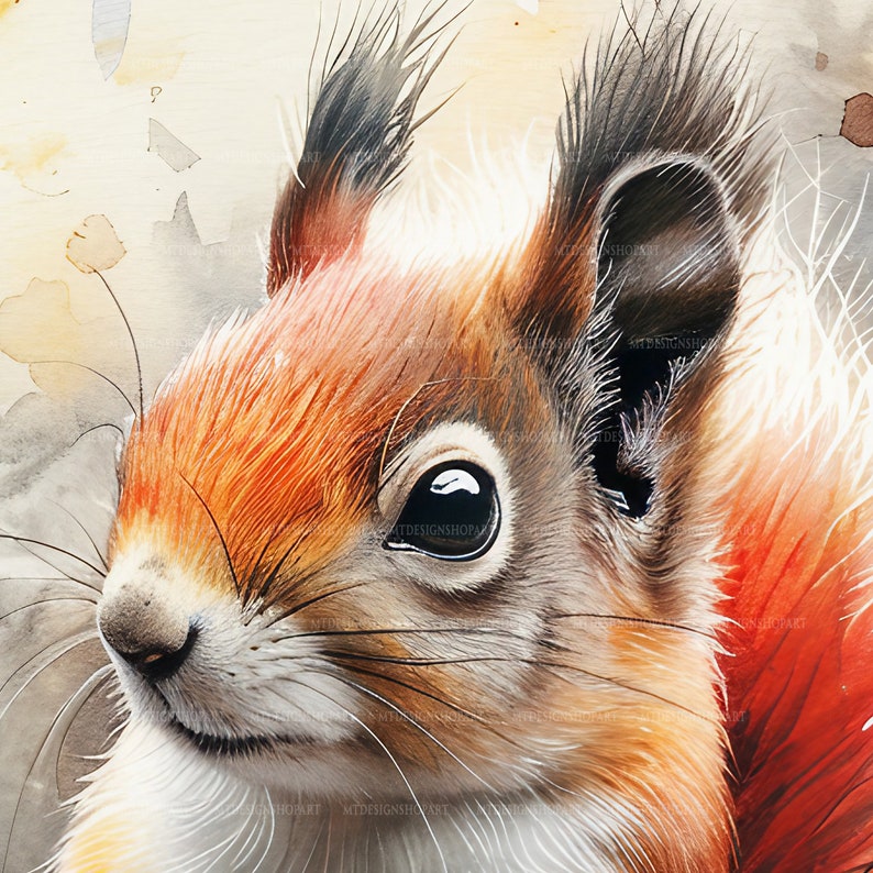 May include: A close-up of a red squirrel's face. The squirrel has a fluffy, orange-brown coat, a long, bushy tail, and large, dark eyes. The background is a soft, watercolour wash of beige and brown.