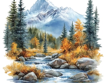 20 River Clipart, Mountain Landscapes, Forest Clipart, Printable Watercolor Clipart, Paper Craft, High Quality JPGs, Digital Download